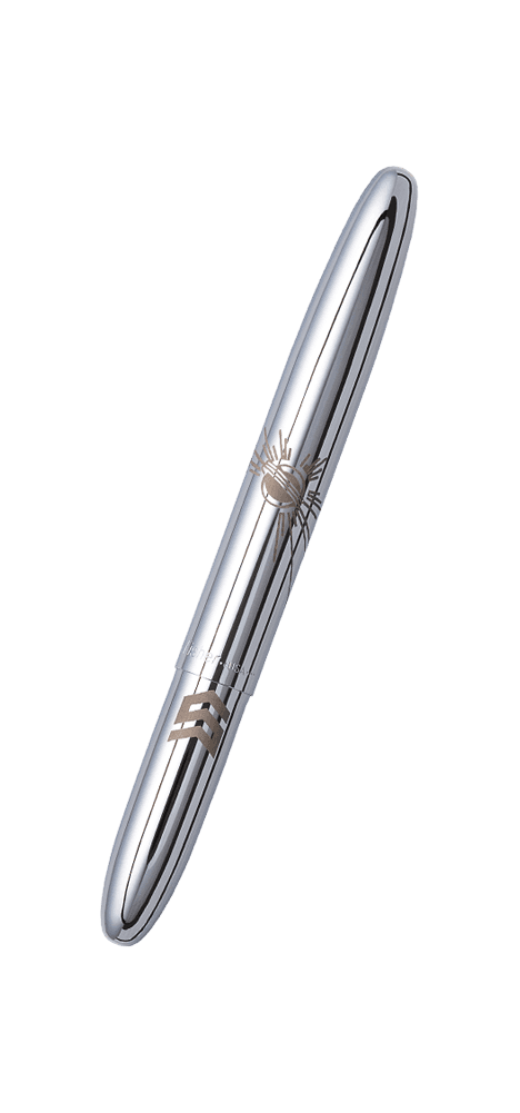 Closed chrome bullet space pen laser engraved with a solar burst and STEM logo