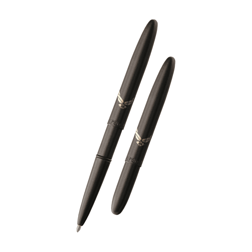 Left: open 400B-AF-WING matte black bullet space pen with cap on end of pen 
Right: Closed 400B-AF-WING matte black bullet space pen