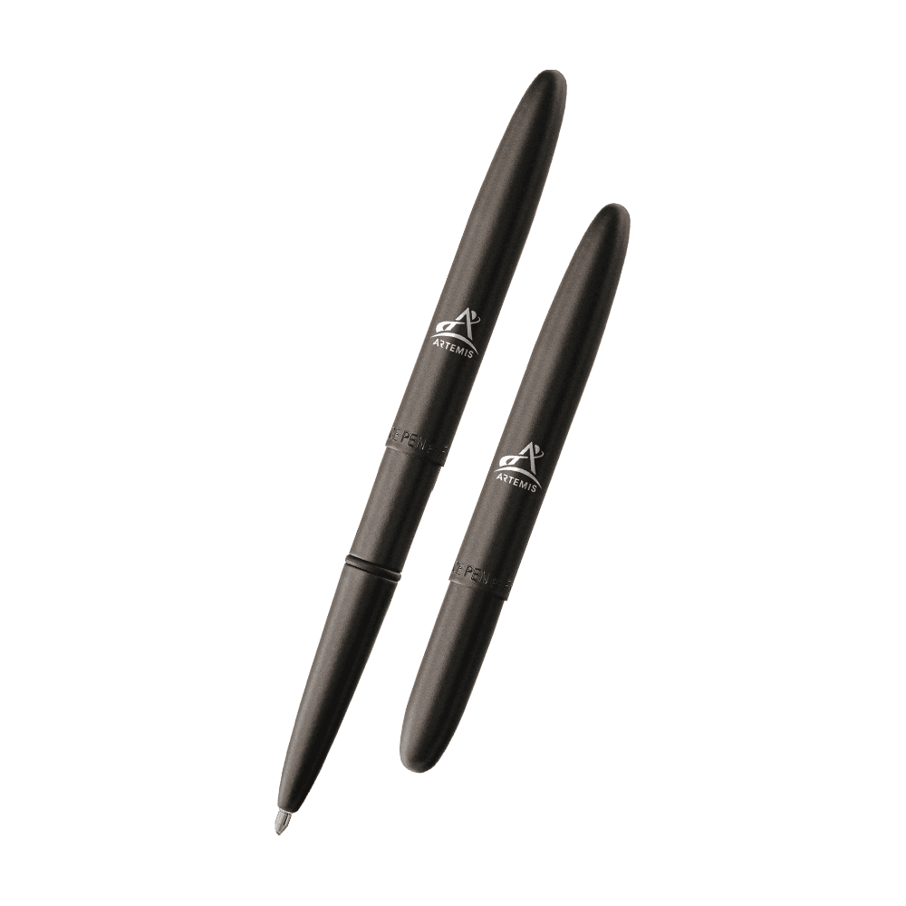 Left: open 400B-ART matte black bullet space pen with cap on end of pen
Right: closed 400B-ART matte black bullet space pen