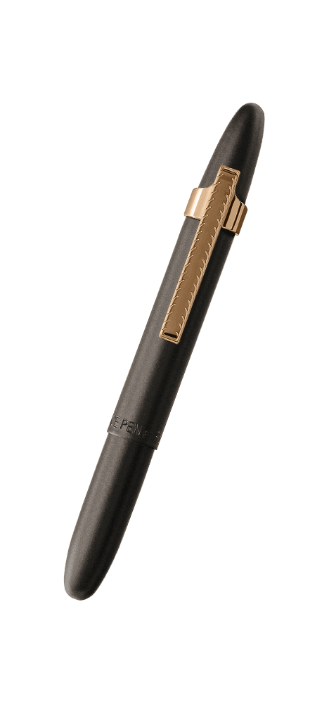 Closed 400B-GFGGCL matte black bullet space pen with gold colored clip