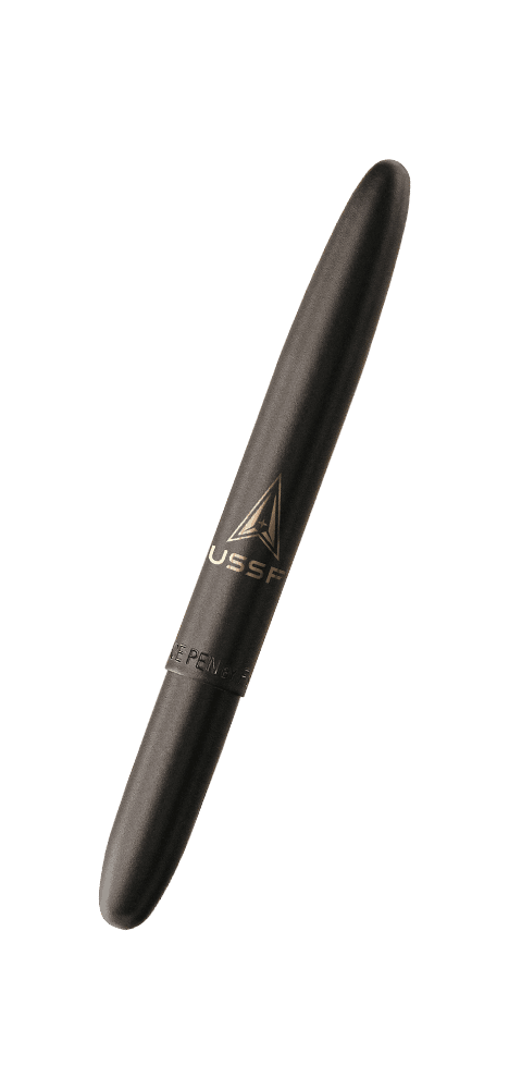 Closed 400B-SFD matte black bullet space pen with US Space Force insignia and USSF engraving