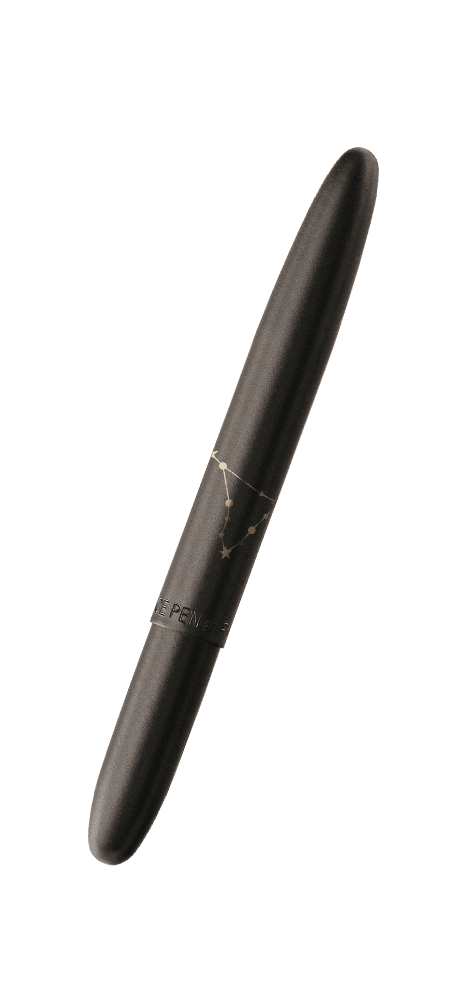 Closed 400B-CP matte black bullet space pen with an engraved Capricorn constellation