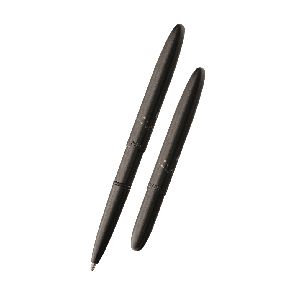 Left: open 400B-AQ matte black bullet space pen with cap on end of pen
Right: closed 400B-AQ matte black bullet space pen