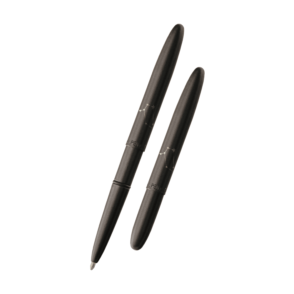 Left: open 400B-LE matte black bullet space pen with cap on end of pen
Right: closed 400B-LE matte black bullet space pen