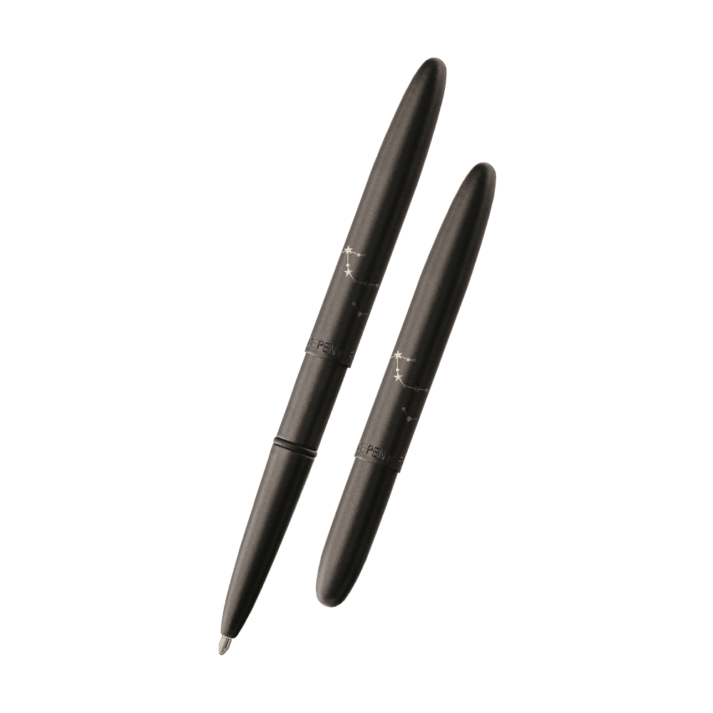 Left: open 400B-SC matte black bullet space pen with cap on end of pen
Right: closed 400B-SC matte black bullet space pen