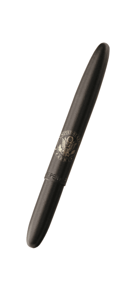 Closed 400BAR matte black bullet space pen with engraved US Army insignia