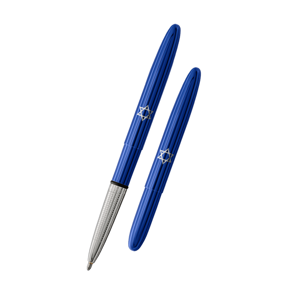 Left: open 400BB-SD blue bullet space pen with Star of David engraving with cap on end of pen
Right: closed 400BB-SD blue bullet space pen with Star of David engraving
