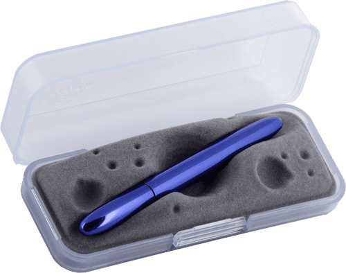 Closed 400BB blue bullet space pen in gift box. The gift box is opaque plastic with an insert textured like the moon.