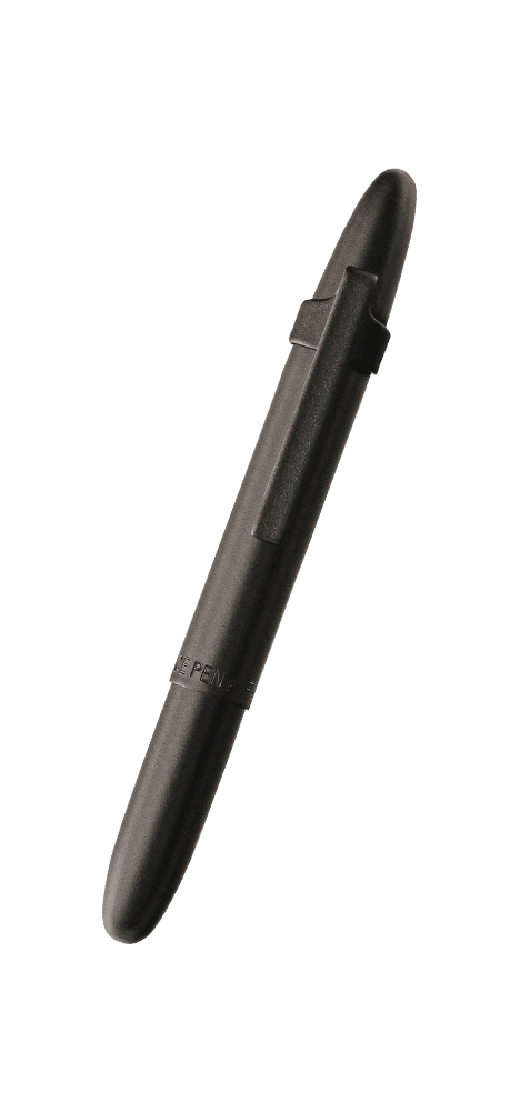 Closed 400BCL matte black bullet space pen with matte black clip on cap
