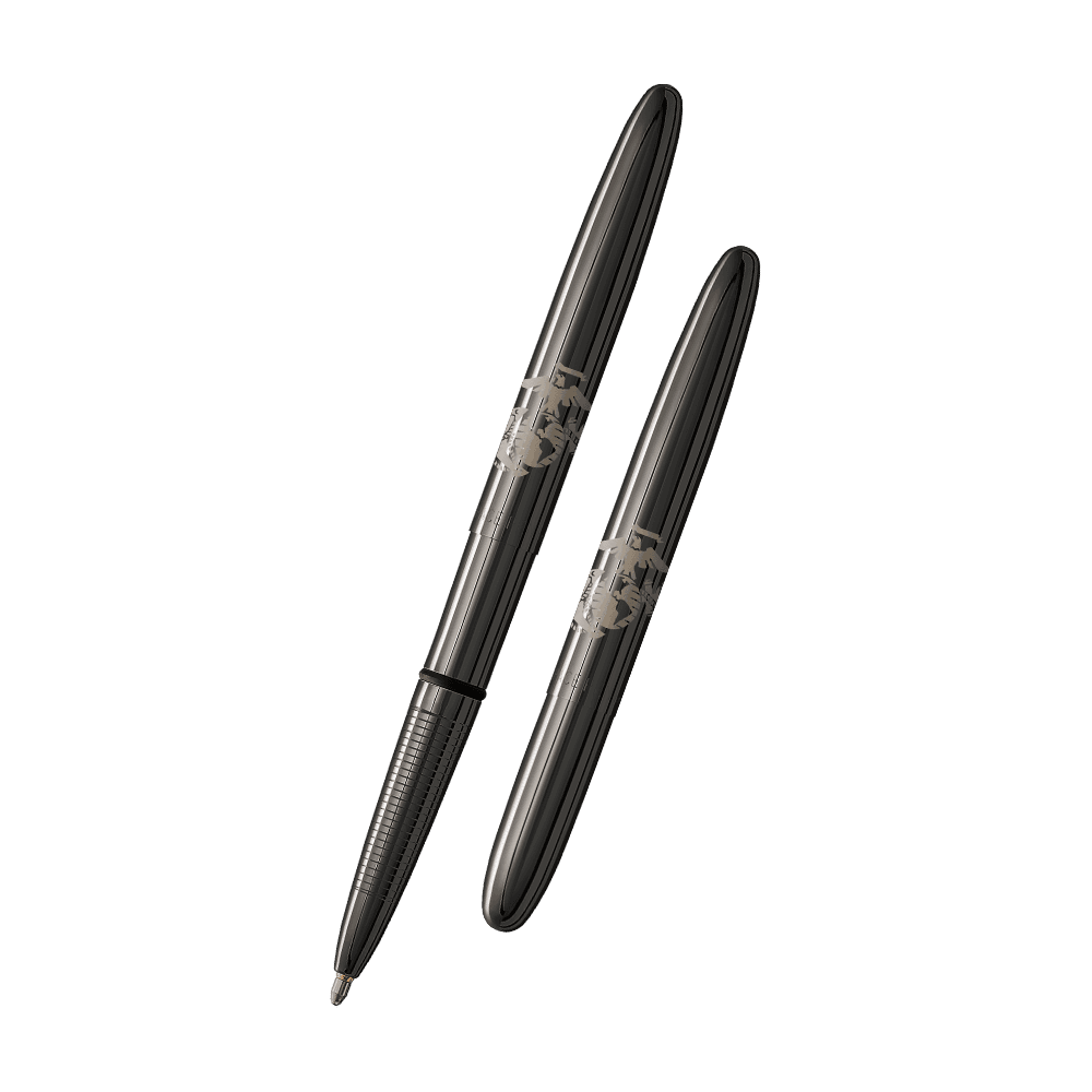 Left: open 400BTN-MC black titanium nitride bullet space pen with cap on end of pen engraved with US Marine Corps emblem
Right: closed 400BTN-MC black titanium nitride bullet space pen engraved with US Marine Corps emblem