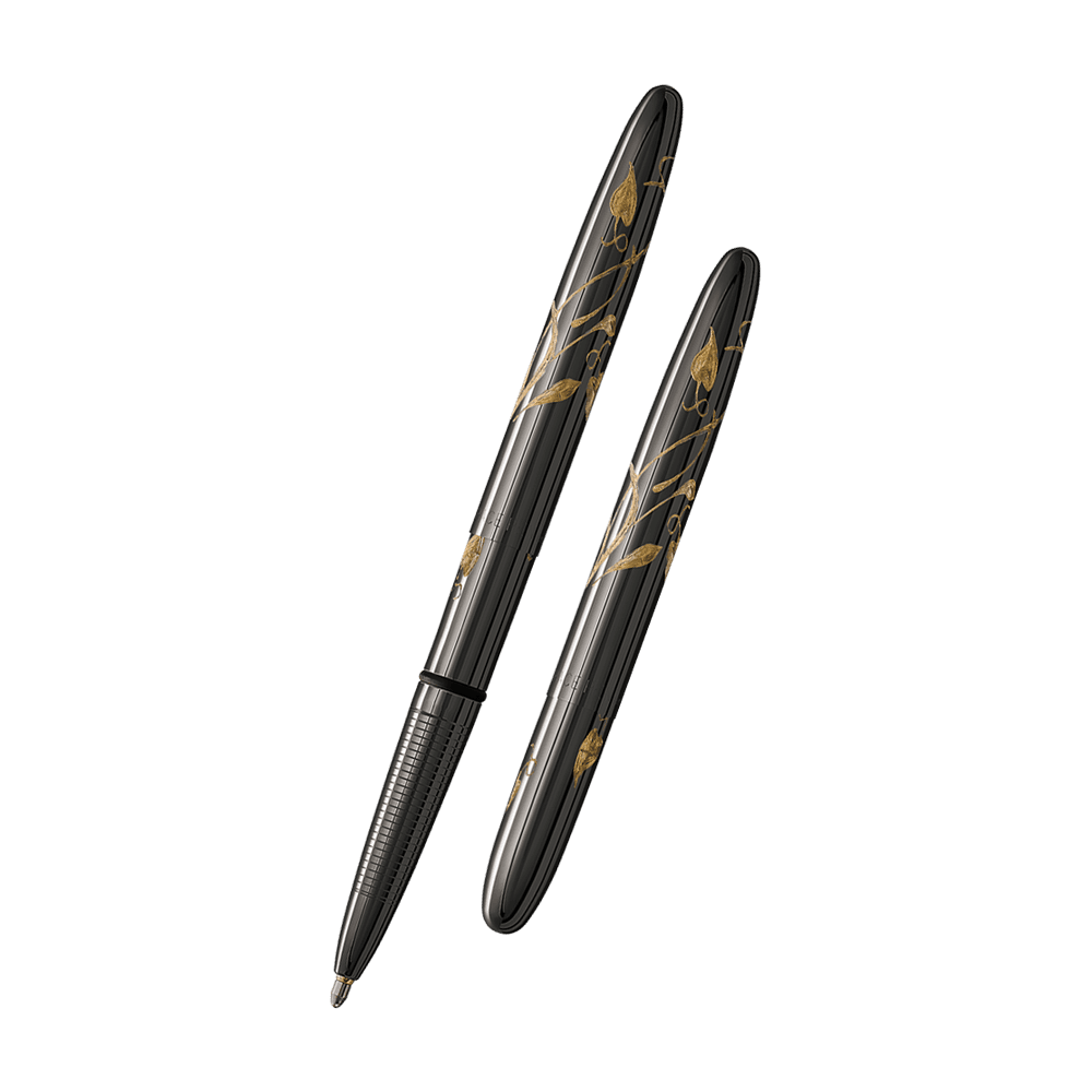 Left: open 400BTN-N black titanium nitride bullet space pen with cap on end of pen engraved with Nouveau vine and leaves design
Right: closed 400BTN-N black titanium nitride bullet space pen engraved with Nouveau vine and leaves design