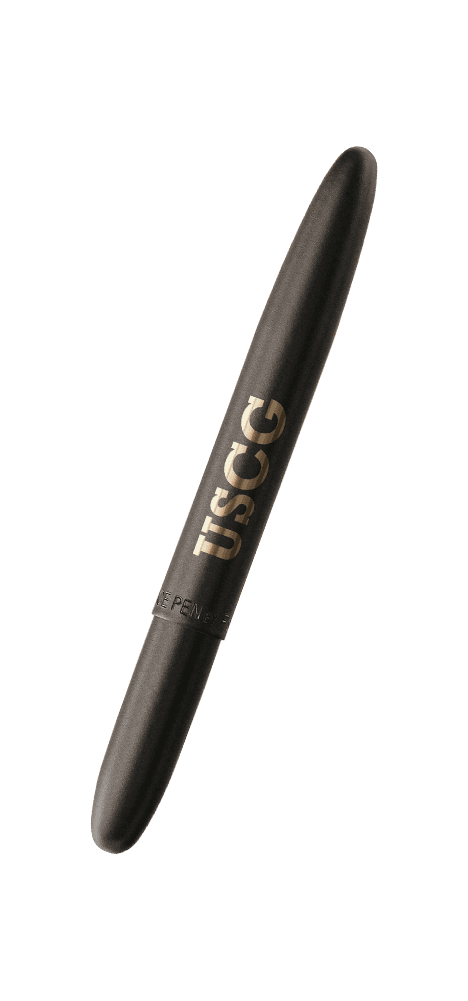 Closed 400BUSCG matte black bullet space pen with USCG engraving