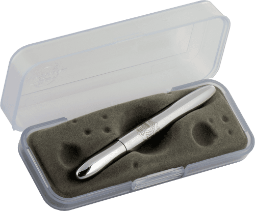 Closed 400CG chrome bullet space pen in gift box. The gift box is opaque plastic with an insert textured like the moon.