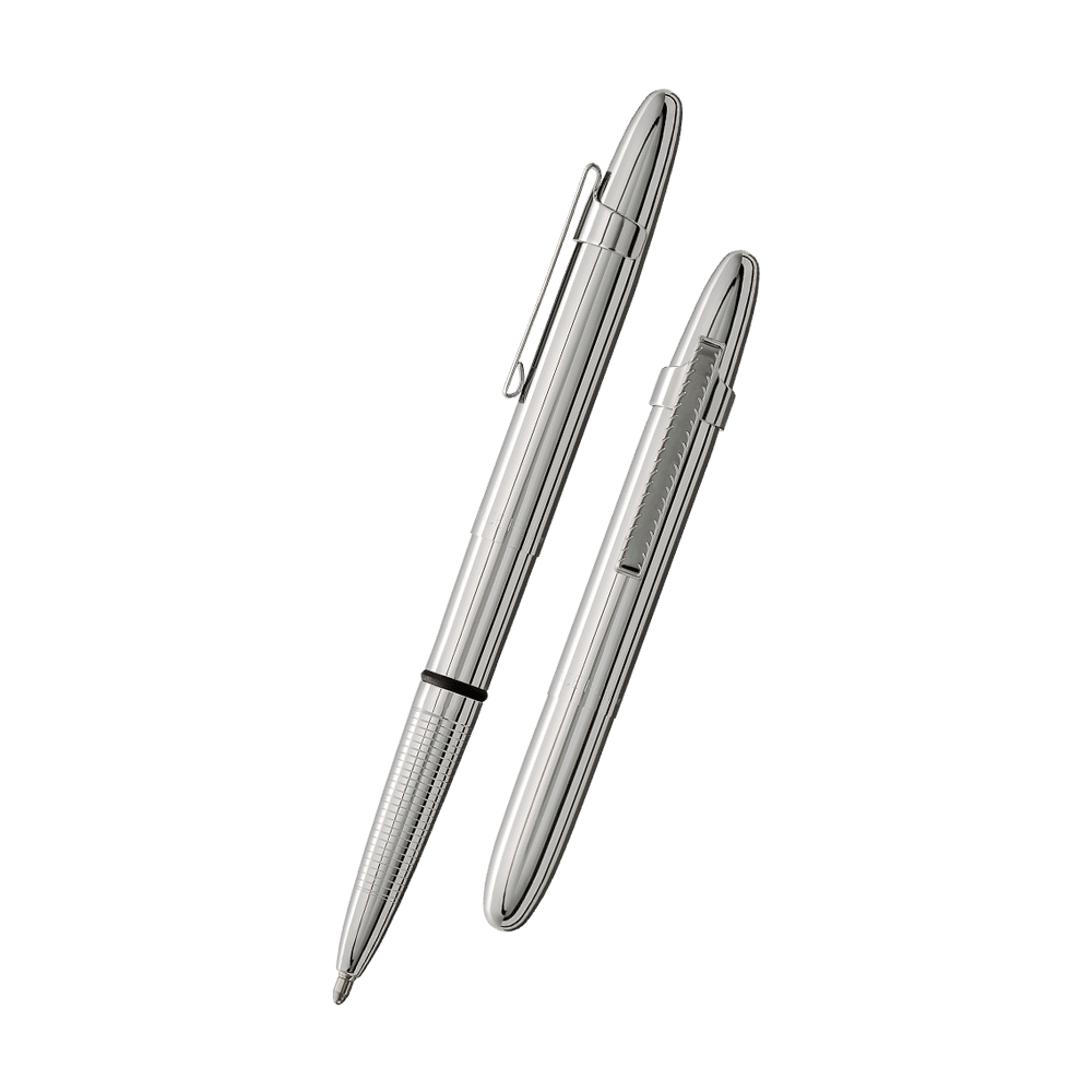 Left: open 400CL chrome bullet space pen with chrome clip with cap on end of pen
Right: closed 400CL chrome bullet space pen with chrome clip