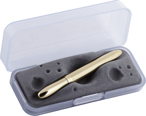 Closed 400G lacquered brass bullet space pen in gift box. The gift box is opaque plastic with an insert textured like the moon.
