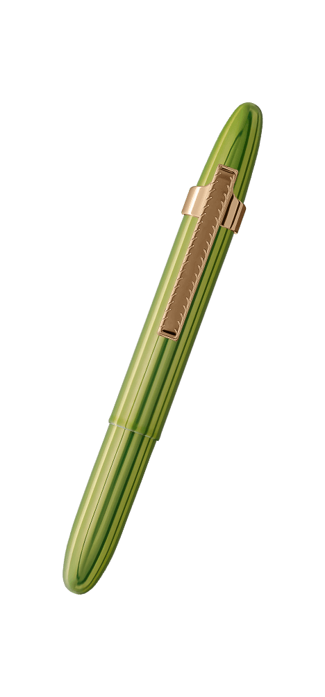 Closed 400LG-GFGGCL green bullet space pen with gold colored grip and clip