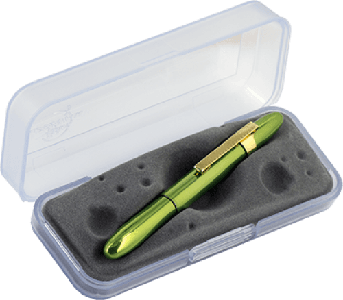 Closed 400LG-GFGGCL green bullet space pen with gold colored grip and clip in gift box. The gift box is opaque plastic with an insert textured like the moon.