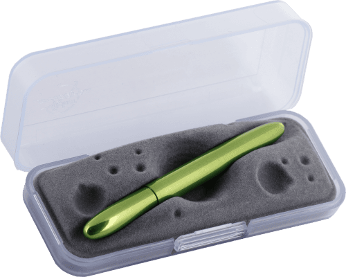 Closed 400LG green bullet space pen in gift box. The gift box is opaque plastic with an insert textured like the moon.