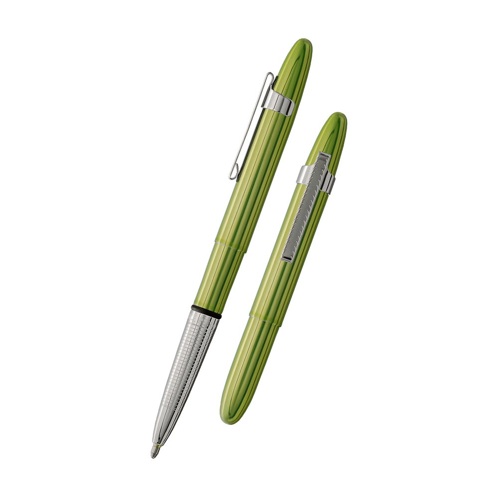 Left: open 400LGCL green bullet space pen with chrome clip with cap on end of pen
Right: closed 400LGCL green bullet space pen with chrome clip