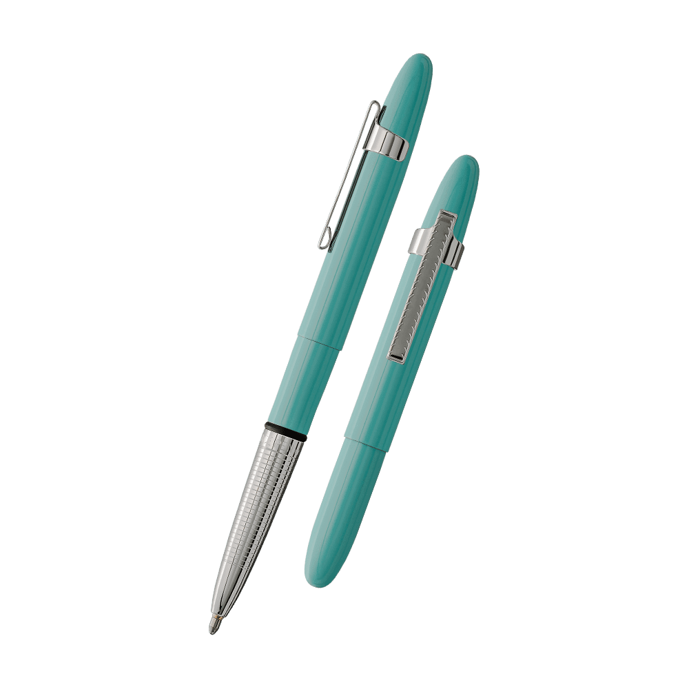 Left: open 400TBLCL turquoise blue bullet space pen with chrome clip with cap on end of pen
Right: closed 400TBLCL turquoise blue space pen with chrome clip