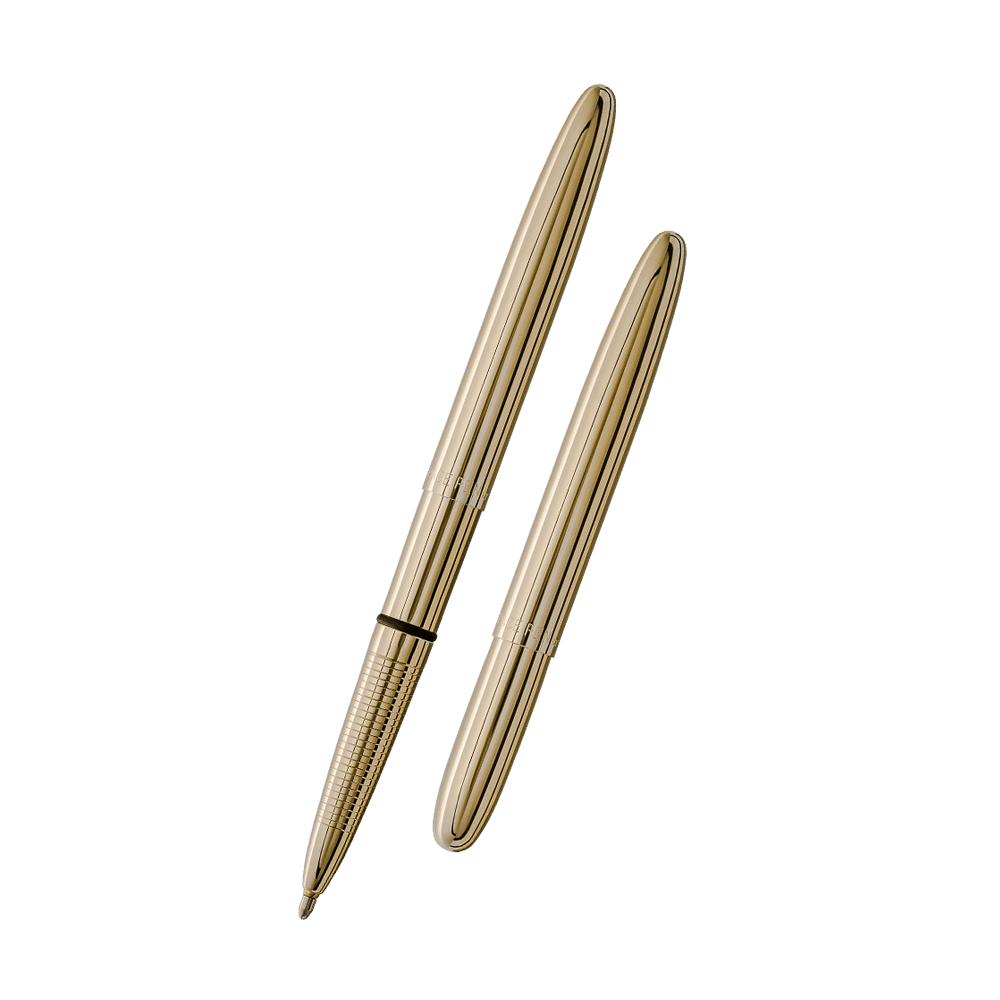 Left: open 400TN gold titanium nitride bullet space pen with cap on end of pen
Right: closed 400TN gold titanium nitride bullet space pen