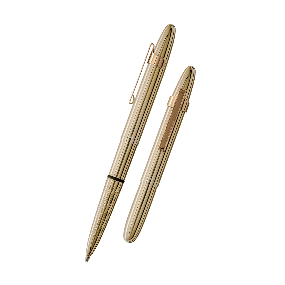 Left: open 400TNGCL gold titanium nitride bullet space pen with cap on end of pen
Right: closed 400TNGCL gold titanium nitride bullet space pen