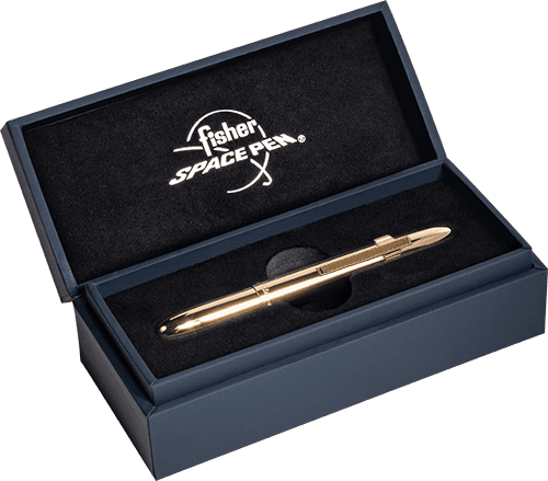 Closed 400TNGCL gold titanium nitride bullet space pen in gift box. The gift box is dark blue with a black insert imprinted with the Fisher Space Pen logo in white.