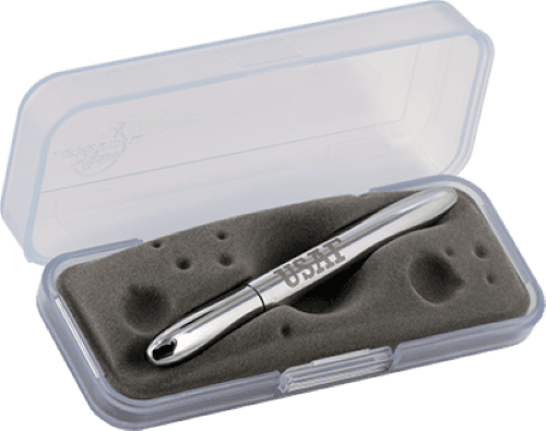 Closed 400USAF chrome bullet space pen with US Air Force USAF engraving in gift box. The gift box is opaque plastic with an insert textured like the moon.