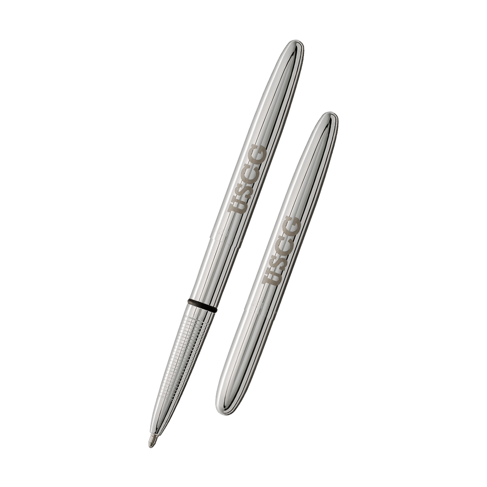 Left: open 400USCG chrome bullet space pen with US Coast Guard USCG engraving 
Right: closed 400USCG chrome bullet space pen with US Coast Guard USCG engraving