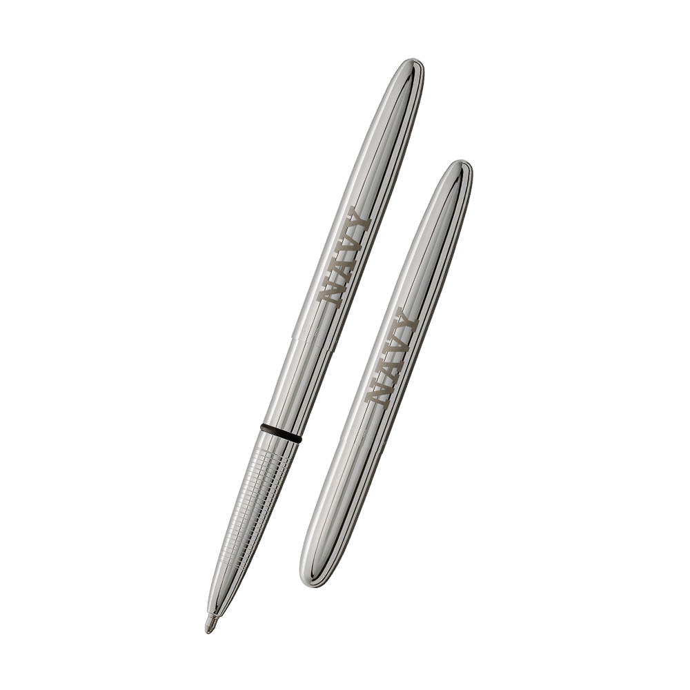 Left: open 400USN chrome bullet space pen with US Navy NAVY engraving 
Right: closed 400USN chrome bullet space pen with US Navy NAVY engraving