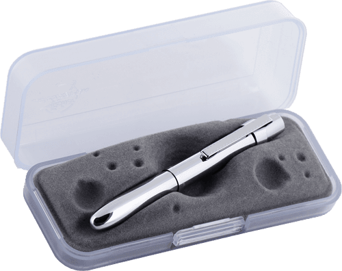 Closed 400WCCL chrome bullet space pen with chrome clip in gift box. The gift box is opaque plastic with an insert textured like the moon.