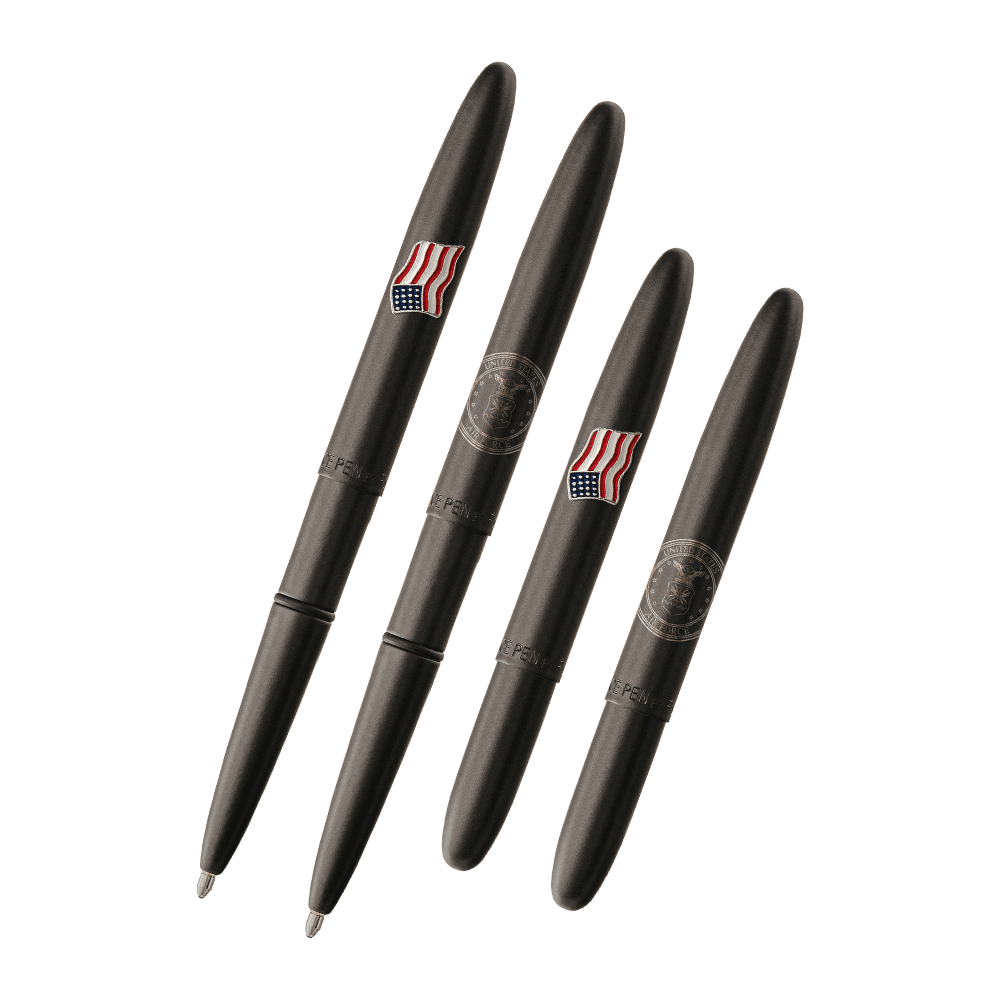 Left: open 600B-AF-AF matte black bullet space pen with American flag emblem on one side and engraved US Air Force insignia on the other side
Right: closed 600B-AF-AF matte black bullet space pen with American flag emblem on one side and engraved US Air