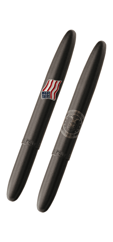 Closed 600B-AF-AF matte black bullet space pen with American flag emblem on one side and engraved US Air Force insignia on the other side