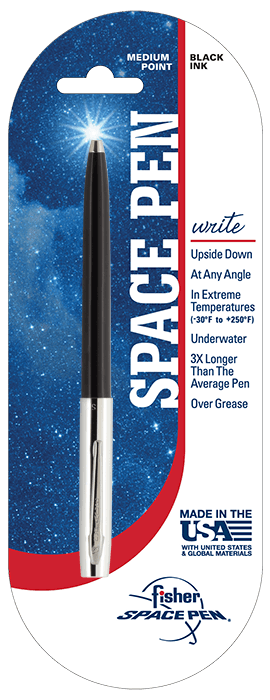 Cap-o-matic space pen with black plastic barrel, chrome cap with clip, and chrome tip in packaging with a white and blue background with a galaxy print, a red stripe, and the Fisher Space Pen logo in the bottom right.