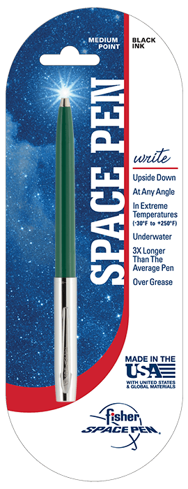 Cap-o-matic space pen with green plastic barrel, chrome cap with clip, and chrome tip in packaging with a white and blue background with a galaxy print, a red stripe, and the Fisher Space Pen logo in the bottom right.