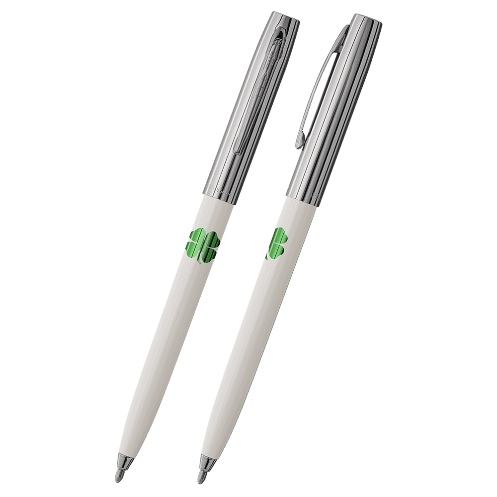 Front and side views of cap-o-matic space pen with white plastic barrel, chrome cap with clip, chrome tip, and imprinted green four-leaf clover.