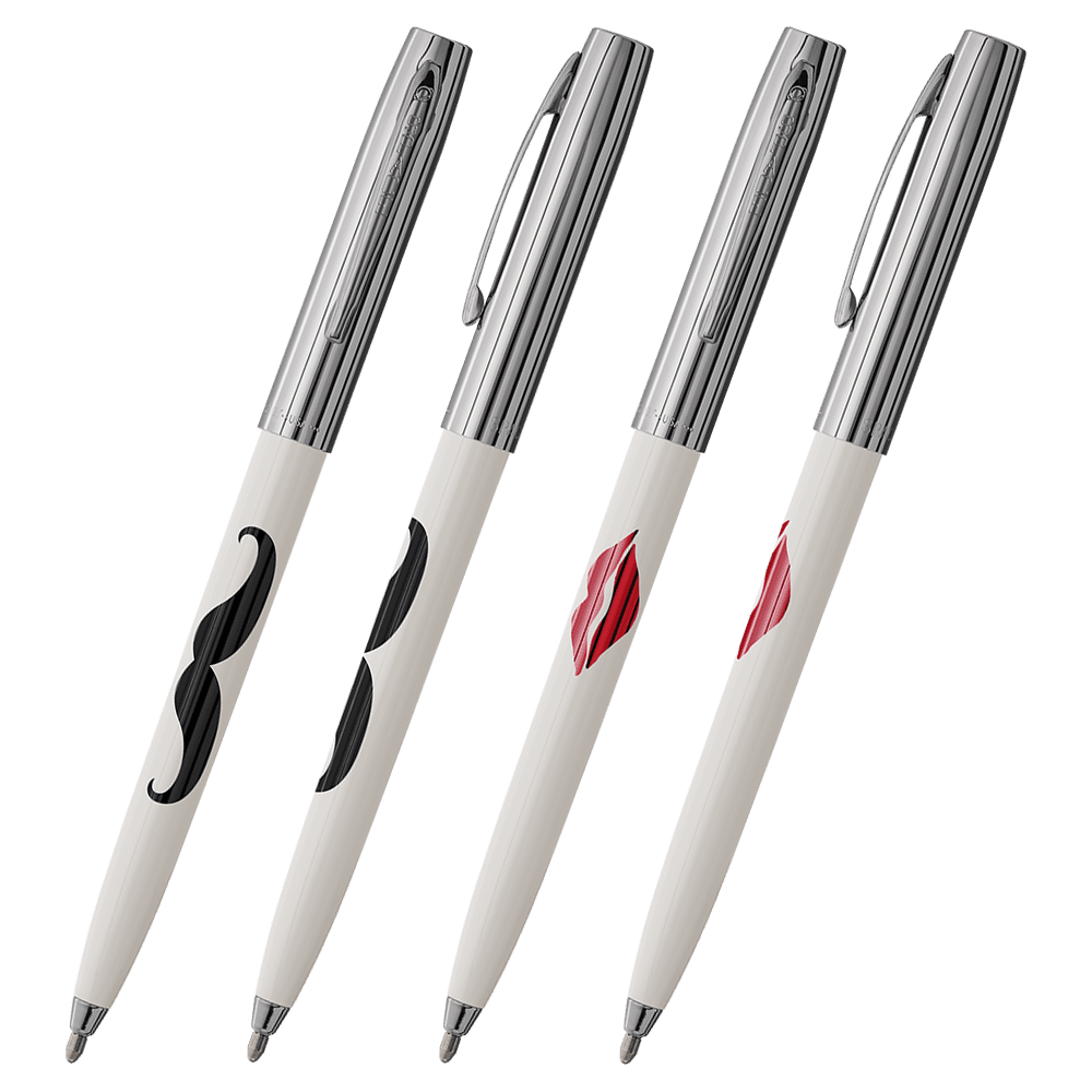 Front and side views of cap-o-matic space pens with white plastic barrels, chrome caps, clips, and tips. One is imprinted with a black mustache; the other is imprinted with a red kiss.
