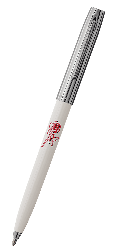 Cap-o-matic space pen with white plastic barrel, chrome cap with clip, chrome tip, and imprinted red rose.