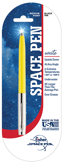 Cap-o-matic space pen with yellow plastic barrel, chrome cap with clip, and chrome tip in packaging with a white and blue background with a galaxy print, a red stripe, and the Fisher Space Pen logo in the bottom right.