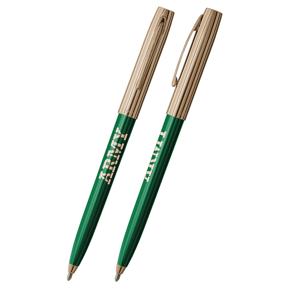 Front and side views of cap-o-matic space pen with green plastic barrel, gold colored cap with clip, gold colored tip, and imprinted gold US Army ARMY.