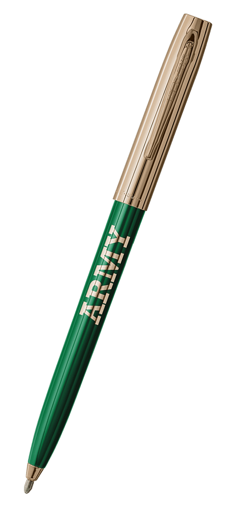 Cap-o-matic space pen with green plastic barrel, gold colored cap with clip, gold colored tip, and imprinted gold US Army ARMY.