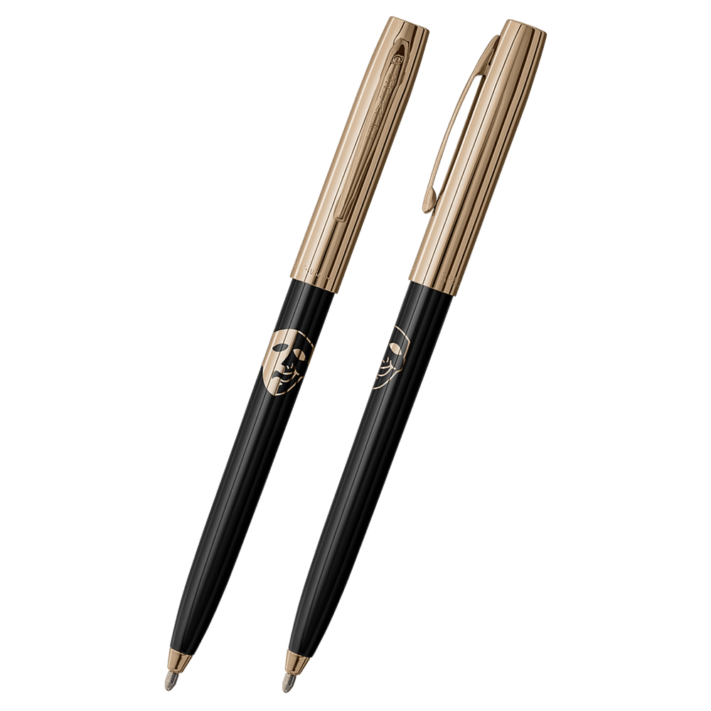 Front and side views of cap-o-matic space pen with black plastic barrel, gold colored cap with clip, gold colored tip, and imprinted gold comedy/tragedy mask.