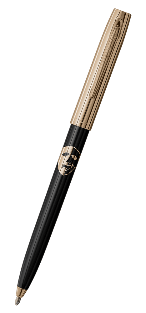 Cap-o-matic space pen with black plastic barrel, gold colored cap with clip, gold colored tip, and imprinted gold comedy/tragedy mask.