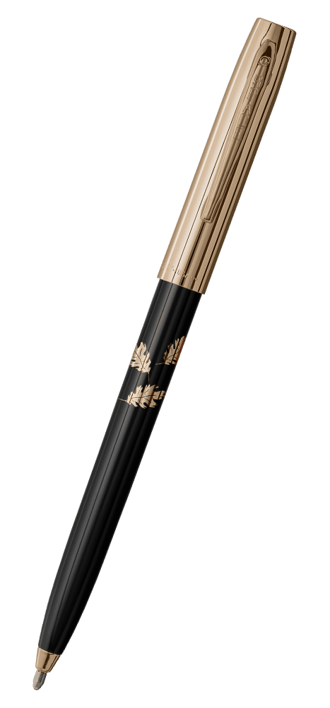 Cap-o-matic space pen with black plastic barrel, gold colored cap with clip, gold colored tip, and imprinted gold leaves.