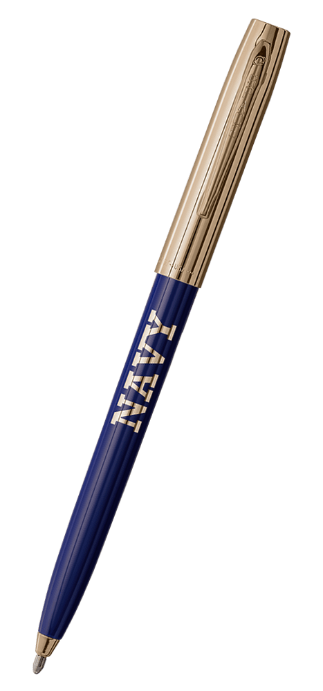 Cap-o-matic space pen with blue plastic barrel, gold colored cap with clip, gold colored tip, and imprinted gold US Navy NAVY.