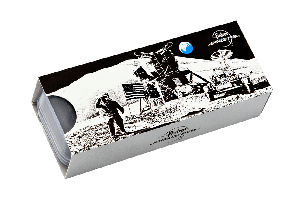 Closed 400B matte black bullet space pen in gift box. The gift box is opaque plastic with an insert textured like the moon.