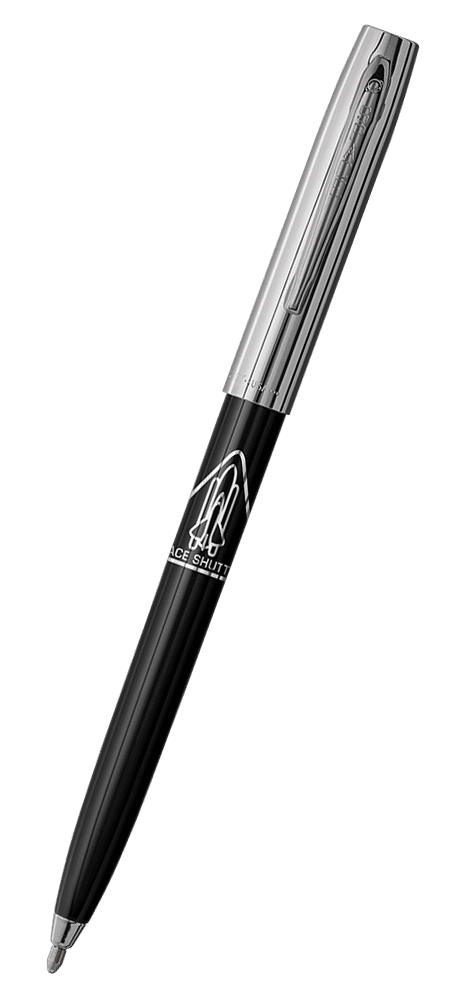 Cap-o-matic space pen with black plastic barrel, chrome cap with clip, chrome tip, and imprinted silver space shuttle.