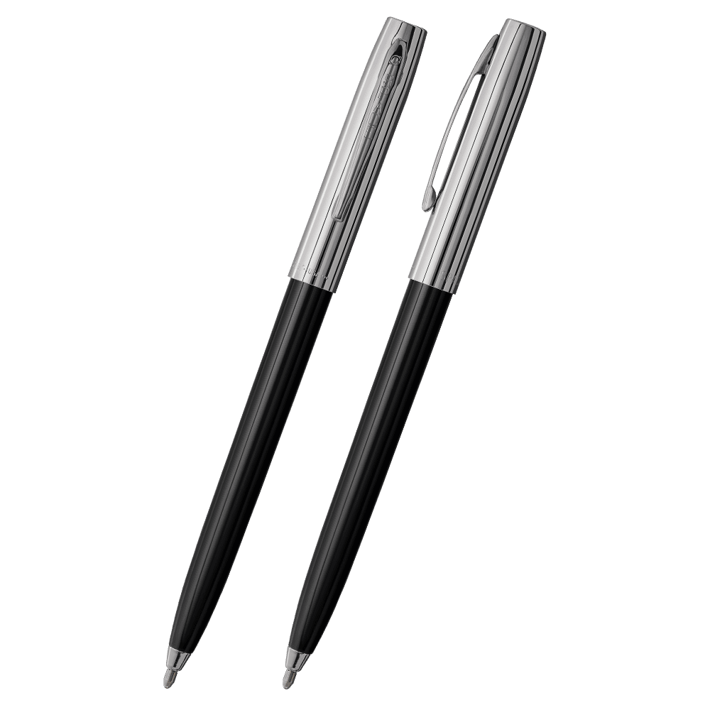 Front and side views of cap-o-matic space pen with black plastic barrel, chrome cap with clip, and chrome tip.