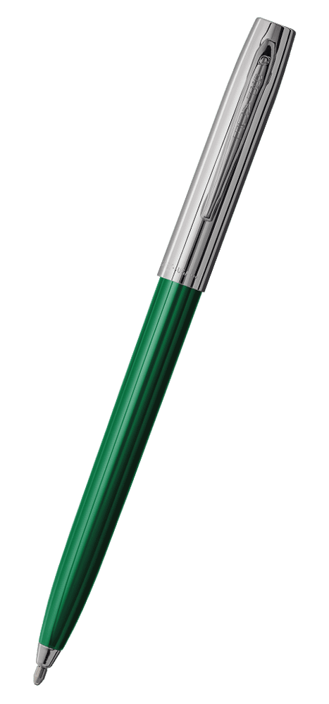 Cap-o-matic space pen with green plastic barrel, chrome cap with clip, and chrome tip.