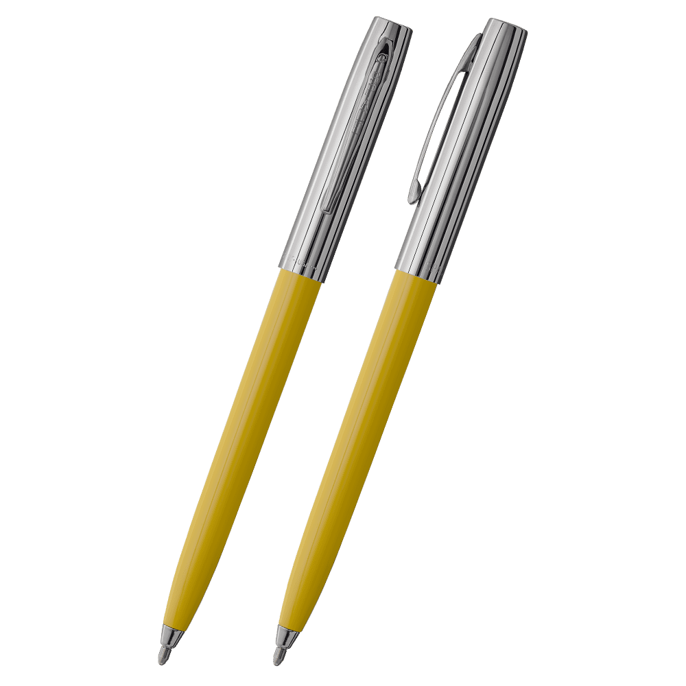 Front and side views of cap-o-matic space pen with yellow plastic barrel, chrome cap with clip, and chrome tip.